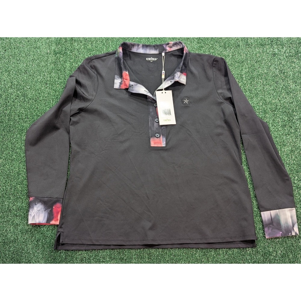 Swing Control Women's Black Long Sleeve Golf Polo Shirt Floral Large Performance